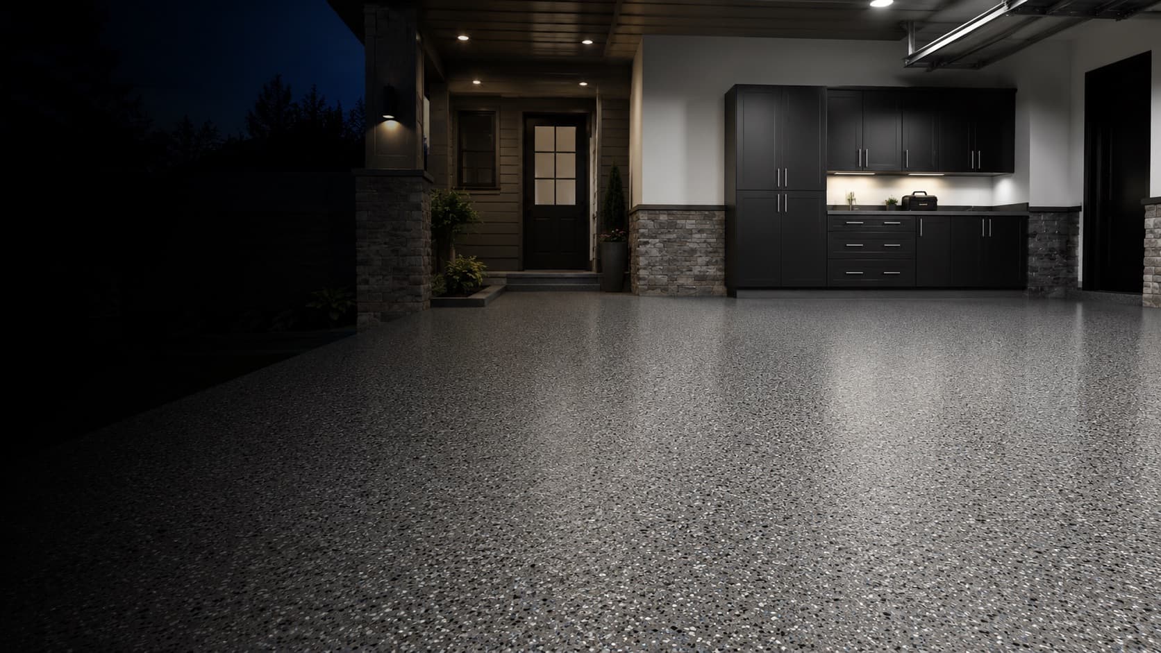 Garage with a full-flake coated floor at dusk